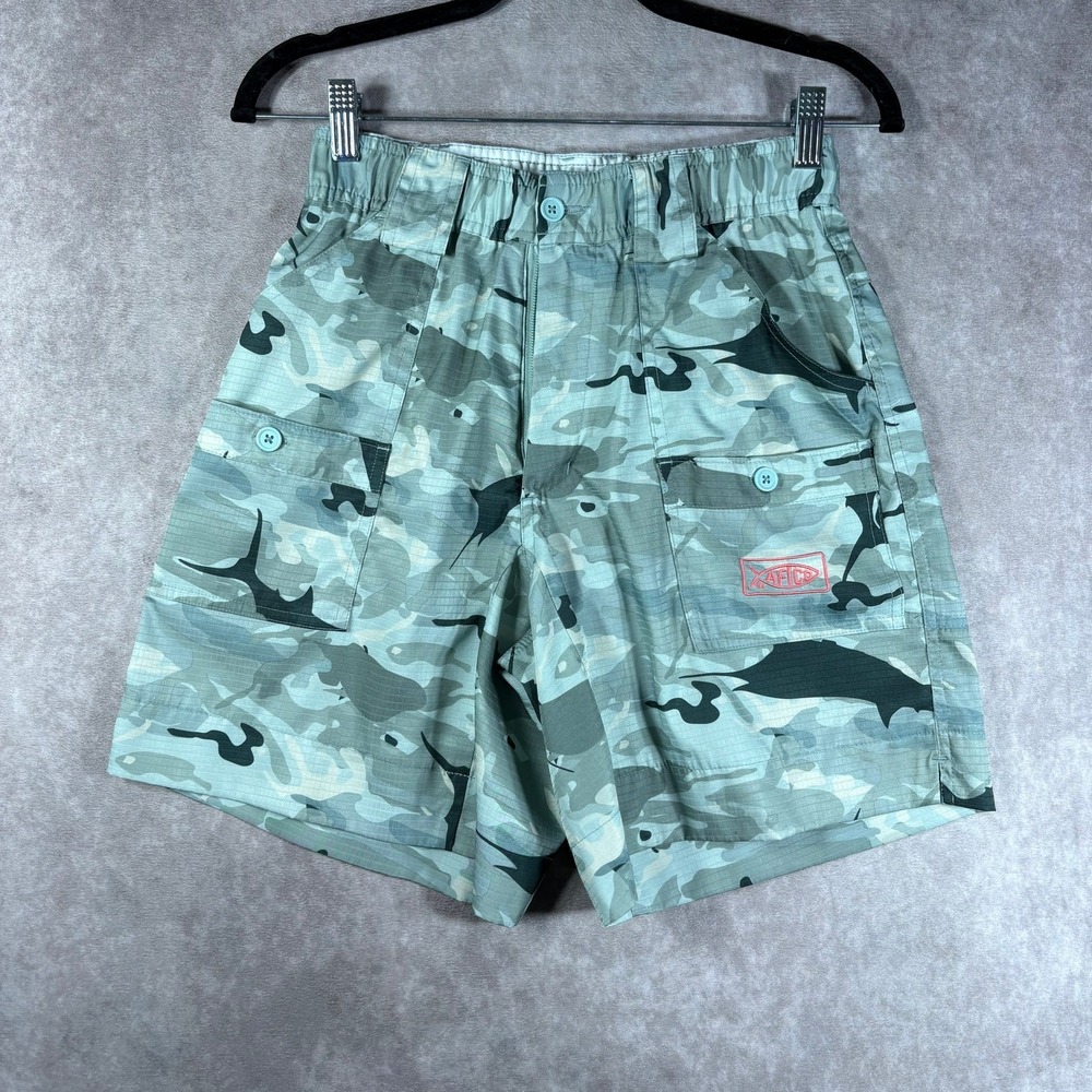 AFTCO Camo Original Fishing Shorts Men Size 28 Blue Rip Stop Relaxed Fit Boating